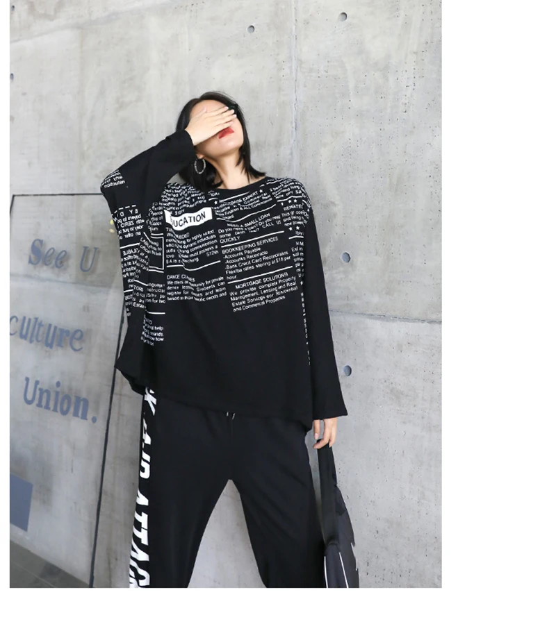 [EAM] Women black letter printed big size T-shirt New Round Neck Long batwing  Sleeve Fashion Tide  Spring Autumn 2020 1DA105