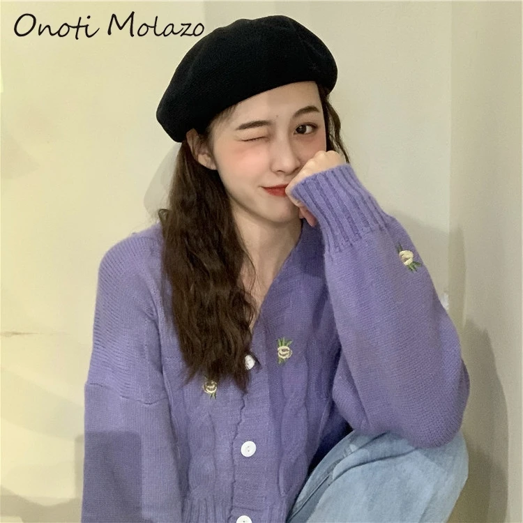 Onoti solid twist floral embroidery crop sweater korean style fashion ladies knitted cardigan autumn winter female tops  2020