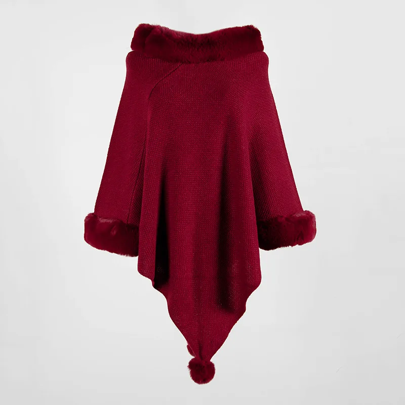 

2020 Autumn and Winter New Women's European and American Shawl Cloak Fur Collar Solid Color Wool Ball Sweater Sweater Women