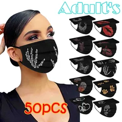 50pc Rhinestone Skull Cotton Disposable Monder Black Color Sequins Women Breathable Masque Scarf Skeleton Halloween Cosplay MasK