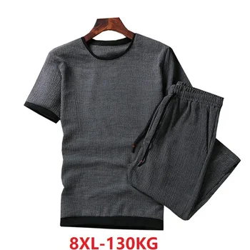 

big sales summer men linen short sleeve T-shirts and pants large size 6XL 7XL 8XL cotton Breathable tees casual t-shirt 56 58 60
