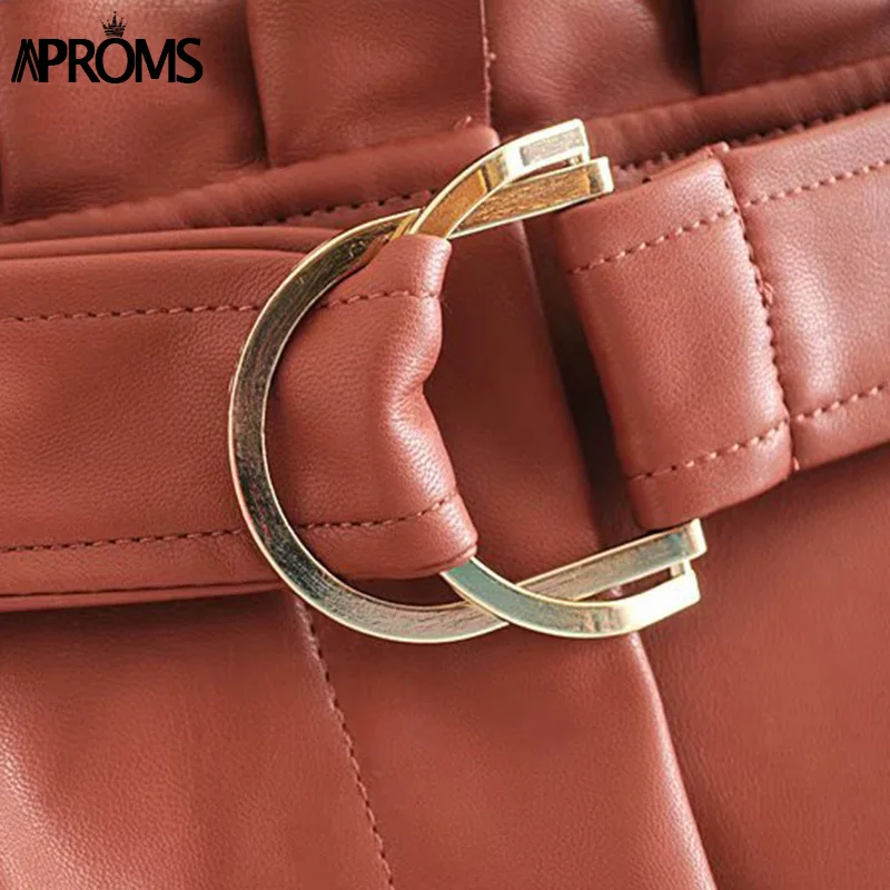 Aproms Vintage PU Leather High Waist Skirt Women Autumn Winter Streetwear Ruffle A-line Short Mini Skirts Ladies Sash Tie Bottom