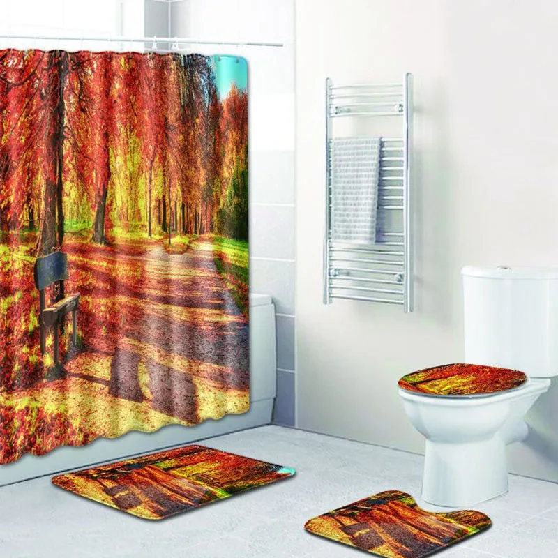 

Autumn Landscape Print Polyester Shower Curtain Bathroom Waterproof Hooks Toilet Seat Cover Anti-slip Bath Mat Carpet Home Decor