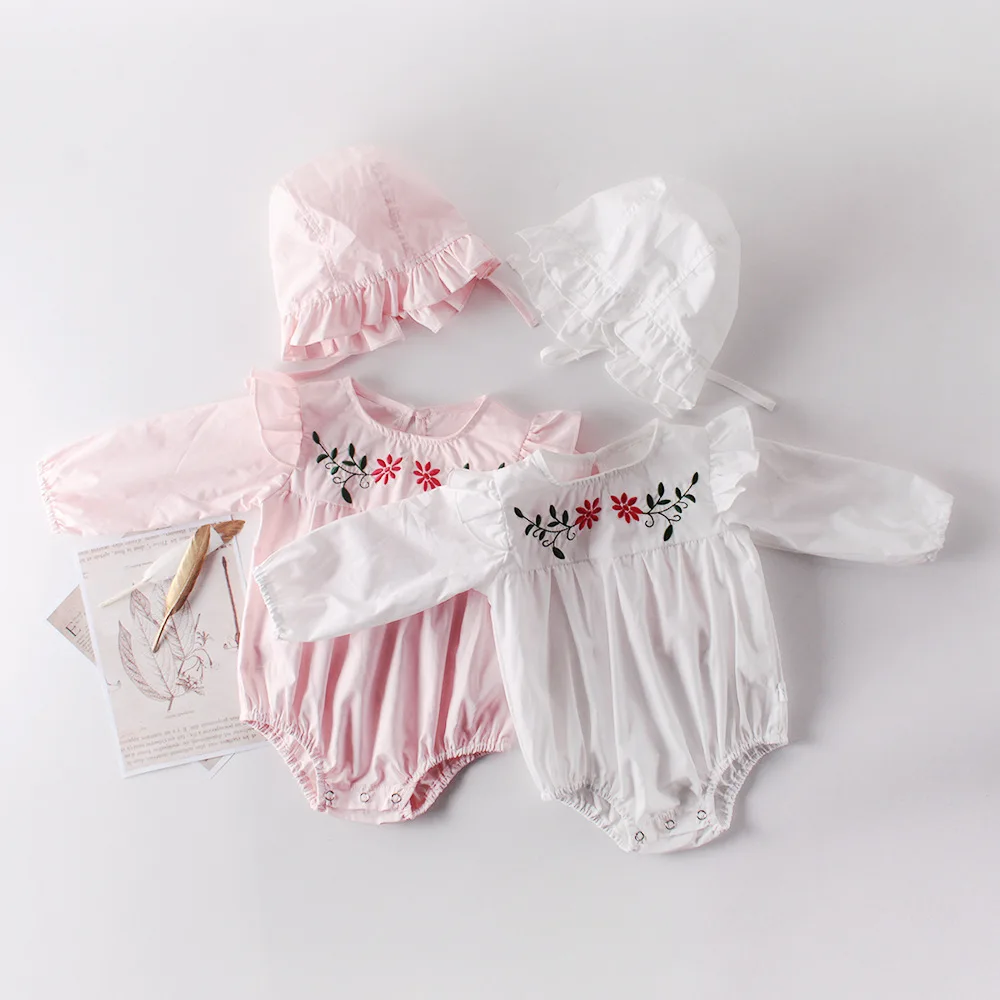 

Cute Newborn Girls Child Floral Embroidered Ruffles Romper and Hats Princess Pink White Color Pretty Kids Infant Rompers