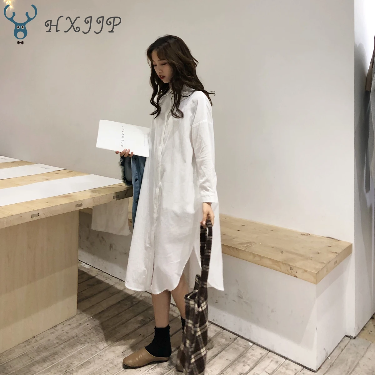 

HXJJP 2019 Fashion Summer Women's Long Sleeve Turn-down Collar Solid Color Joker Loose Long White Shirt Dress