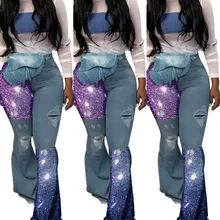 Новинка Осень-зима, джинсовые штаны для женщин, Ретро стиль, расшитые блестками джинсы, рваные расклешенные брюки, обтягивающие повседневные штаны с высокой талией, сексуальные штаны GLA3157