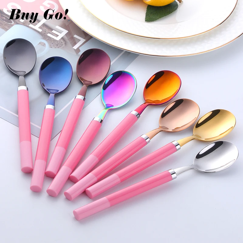 

10PCS Stainless Steel Ice Cream Spoon Iridescent Rainbow Children Round Spoon Tea Coffee Gold Colorful Scoops Cutlery Sets A076