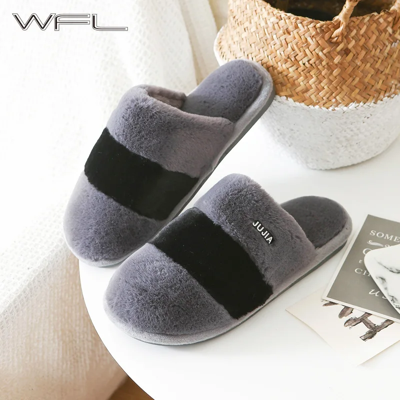 

WFL Mens Slippers 2019 New Home Wood Floor Women and Men Couple Winter Shoes Flock Non-slip Sole Soft Warm Cotton Slippers