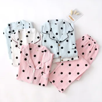 

Washed Cotton Couple's Home Clothes Thin Cotton Crepe Daily Clothes Polka Dot Korean-Style Men's and Women Long-Sleeved Pajamas