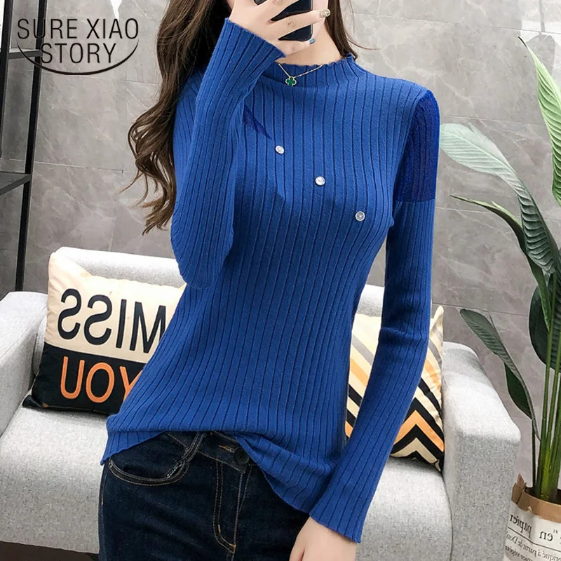 

Autumn Long Sleeve Sweater Personalized Semi-high Collar Base Sweater Femal Mesh Stitching Female Slim Fit Turtleneck 6220 90