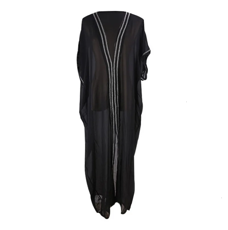 See Through Maxi Beach Dress Sexy V-neck Black Chiffon Beach Cover Up Embroidery Sarong Tunic For Beach Swim Cover Up