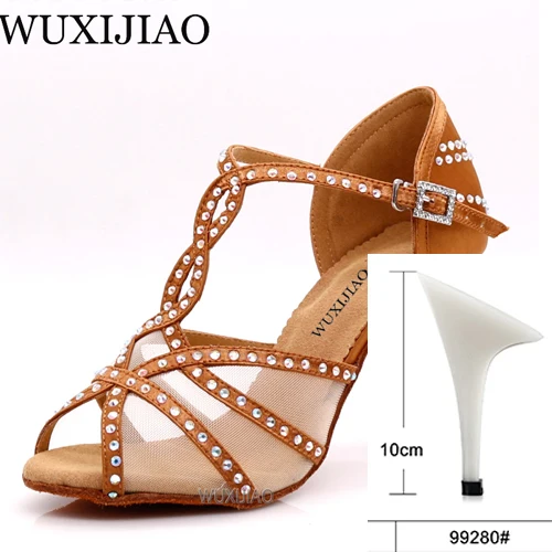 bronze heel 10cm WUXIJIAOLatin/танцевальная обувь; женская обувь для ужина; обувь для танцев из сатиновой сетки черного цвета; блестящие стразы; обувь для сальсы; Высокий каблук 9 см - Цвет: bronze heel 10cm