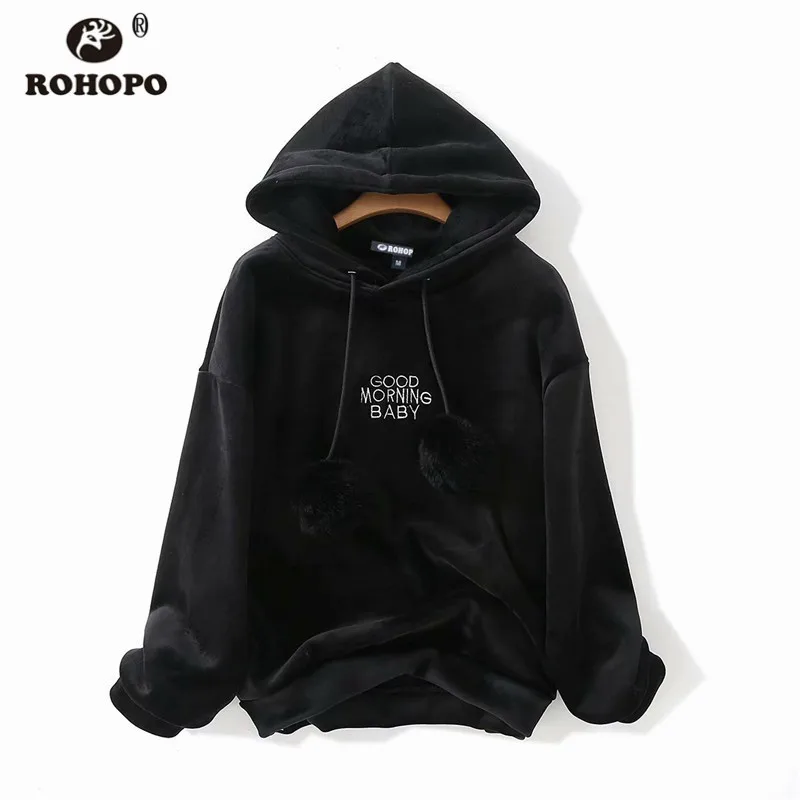 ROHOPO Winter/Autumn Velvet Warm Hoodies Front Embroidery Letter Hooded Collar Pink Black Pullover Tops Outwear Cute Girl#5257