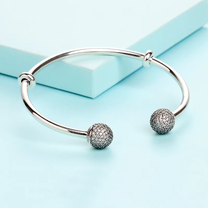 

Top Quality MOMENTS Open Bangle Pave Caps WIth Cubic Zirconia Bangle Bracelet Fit Bead Charm 925 Sterling Silver Europe Jewelry