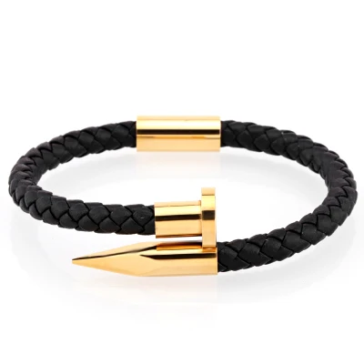 black leather gold Браслет mcllroy мужской/из натуральной кожи/из нержавеющей стали/люкс/мужской браслет с золотым шармом для ногтей ручной работы мужские ювелирные изделия erkek bileklik - Окраска металла: black leather gold