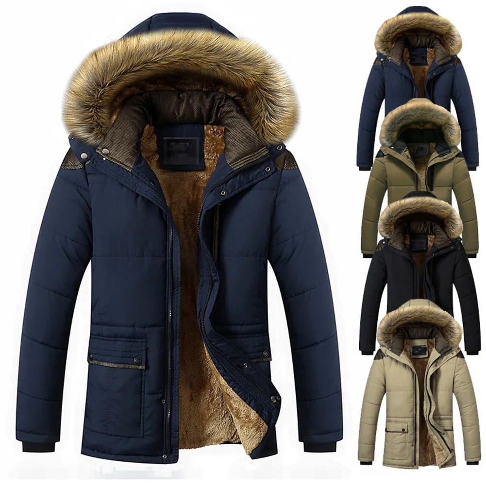 Мужская зимняя утолщенная теплая хлопковая куртка с воротником из искусственного меха, верхняя одежда на молнии с капюшоном, мужское зимнее толстое пальто с капюшоном, верхняя одежда