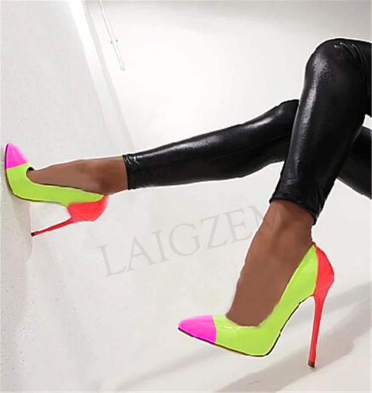 

LAIGZEM Color Contrast Patchwork Women Heels Basic Office Lady Slip On Stiletto Pumps Shoes Woman Zapatos Mujer Large Size 46 47