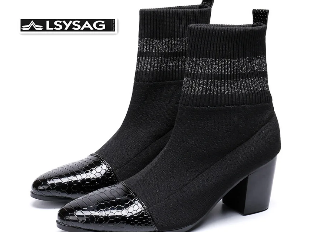 

Autumn Winter Knitted Elastic Socks Boots for Men High Heel Short Boots Men Pointed Toe Ankle Boots Party Shoes