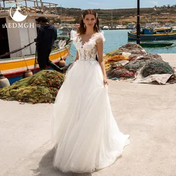 Aedmgh A-Line Beach Wedding Dresses 2021 Sweetheart Ruffles Sleeveless Robe De Mariee Appliques Tulle Boho Vestido De Novia