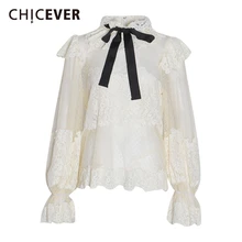 CHICEVER вышивка лоскутное сетки женские рубашки с воротником-стойкой фонарь с длинным рукавом женская блузка со шнуровкой Женская мода новинка