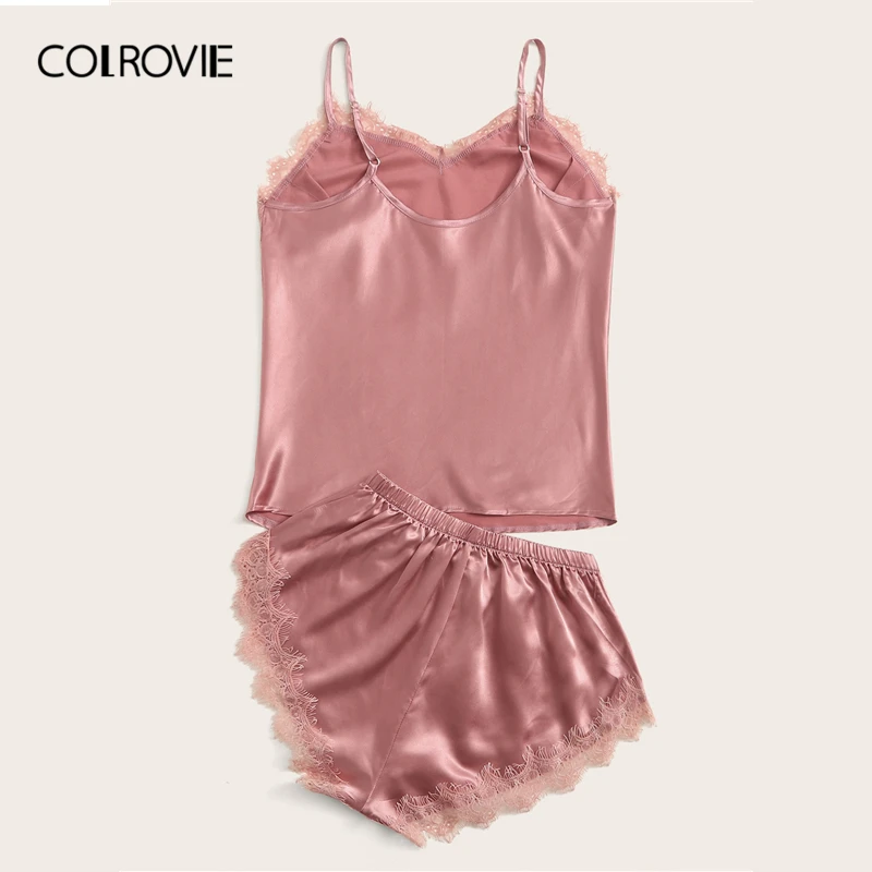 COLROVIE розовый кружевной атласный Cami PJ набор сексуальная пижама без рукавов однотонная Пижама женские короткие комплекты комплект свободных пижам для дам