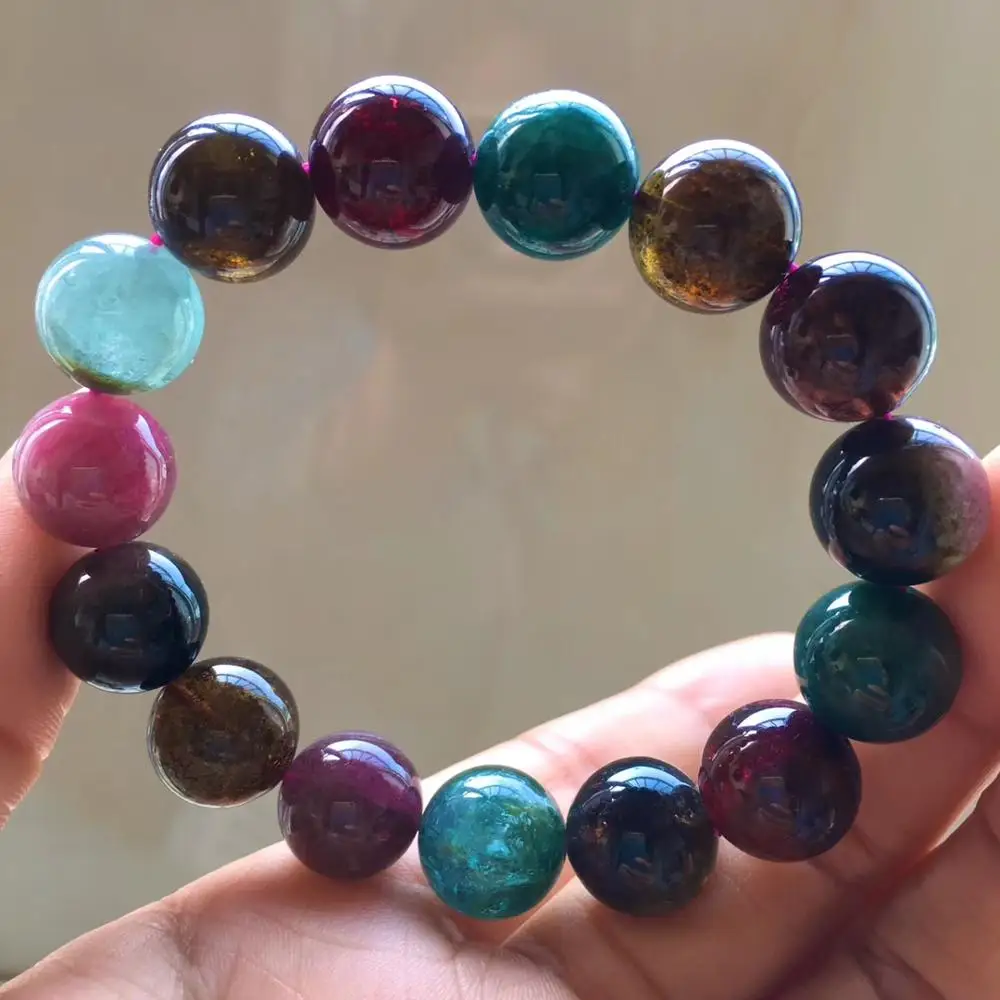 

Natural Colorful Tourmaline Bracelet Necklace Crystal Clear Round Beads 13.5mm Crystal From Brazil Necklace Healing Stone AAAAA