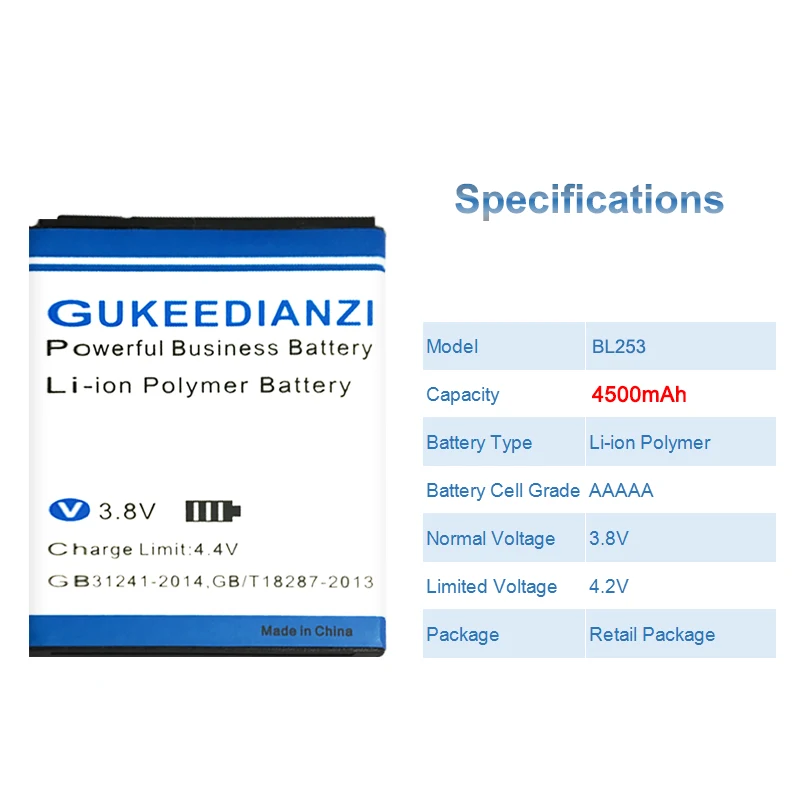 GUKEEDIANZI 4500 мА/ч, Батарея BL253 для lenovo A1000 A2580 A2860 A2010 A2800D A3800D A3600D Vibe 4," 3,8 V Батарея