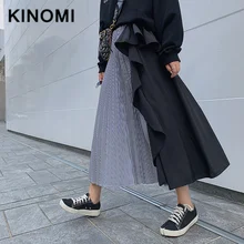 KINOMI осенние женские нестандартные гофрированные длинные юбки с оборками в стиле пэчворк в полоску с высокой талией Harajuku тюлевые трапециевидные юбки до середины икры