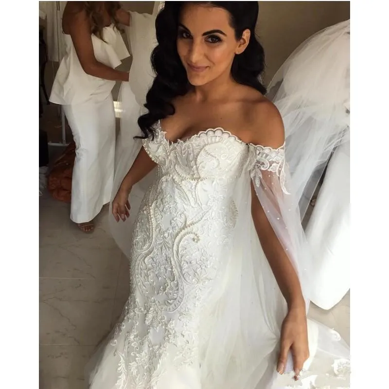 С открытыми плечами Русалка Свадебные платья с шалью Robe de mariee Аппликация Кружева Бисероплетение Жемчуг размера плюс свадебное платье свадебные платья