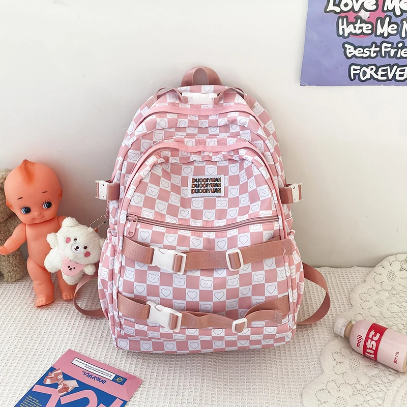 Cute Plaid Women Canvas Backpack Teenage Girls School Books Bag Large Capacity Young Ladies Laptop Bags Female Travel Backpacks