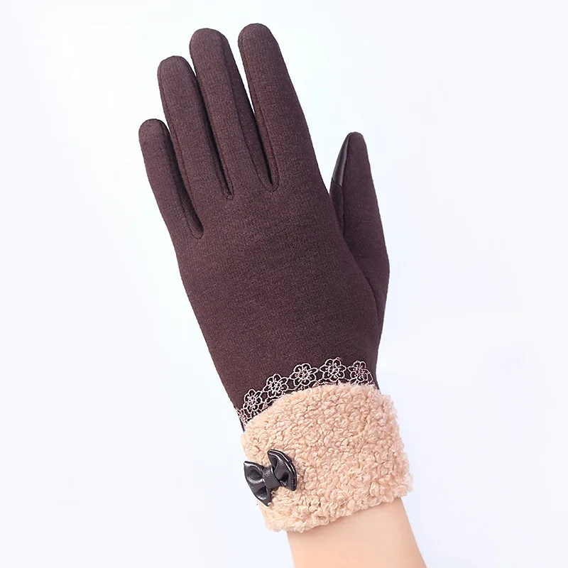Женские зимние перчатки женские модные теплые хлопковые перчатки для сенсорного экрана перчатки Цветочные кружевные варежки с бантом