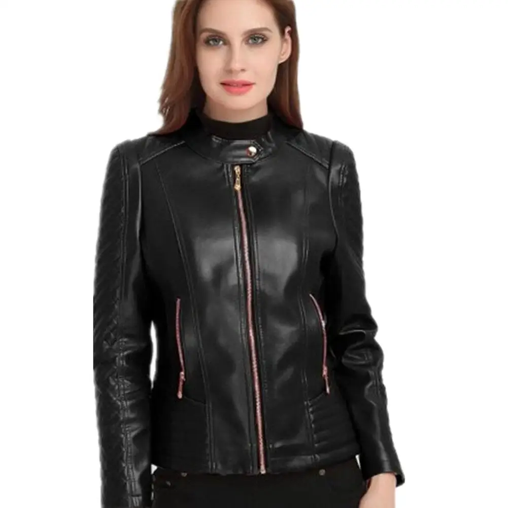 

Yiwa Woman Short Motorcycle Pu Leather Zipper Red Jacket standing collar Women Basic Jackets Autumn Large Sizes Outerwear