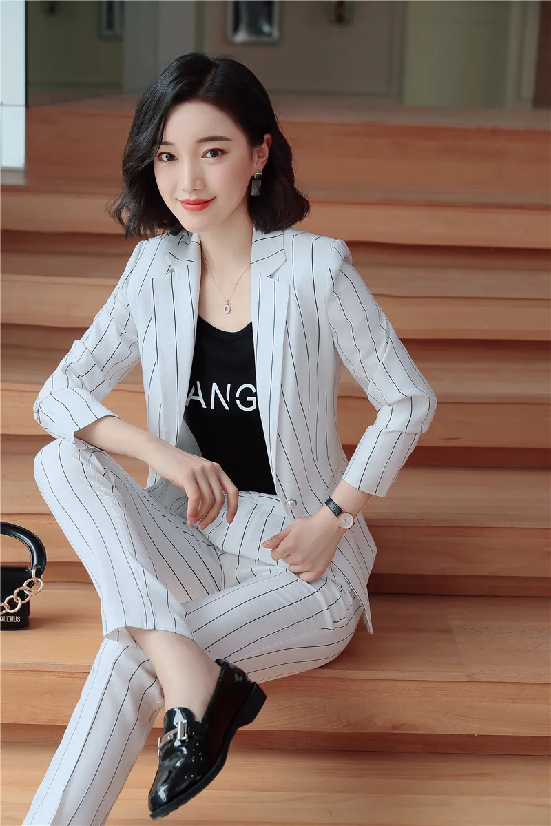 Fashion Striped Spring Autumn Formal Women Business Suits Pantsuits for Ladies Office Blazers with Pants and Jackets OL Styles