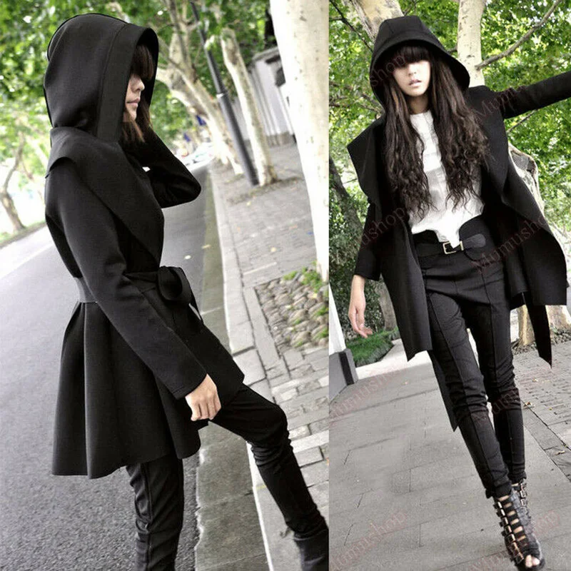 Женские куртки с капюшоном в стиле панк-рок, ветровка с длинным рукавом и поясом