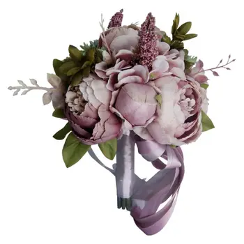 

European Vintage Bridal Wedding Bouquet Artificial Dusty Peony Flowers Fake Succulent Plant Lace Ribbon Bridesmaid Party Decor
