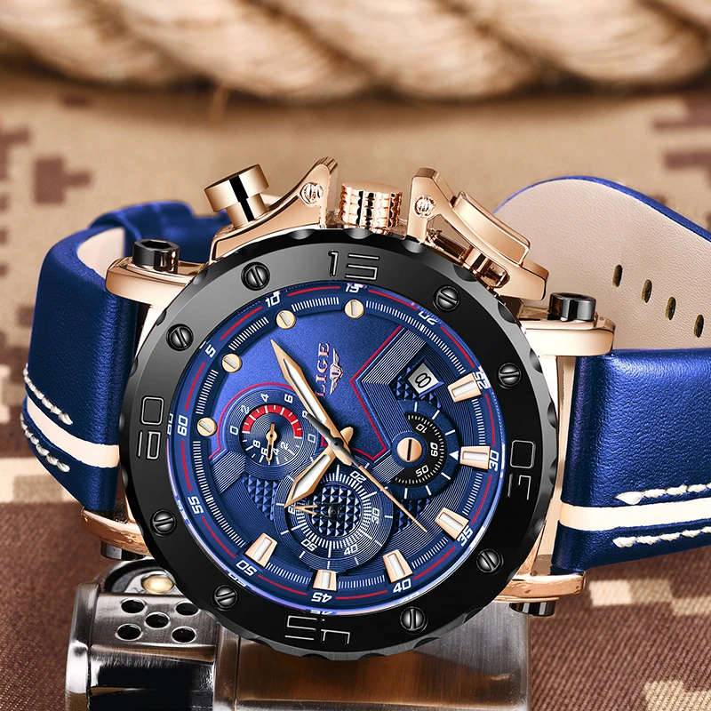Relogio Masculino LIGE синие кожаные мужские s часы Топ Роскошные спортивные часы Мужские Корпус из нержавеющей стали многофункциональные кварцевые часы