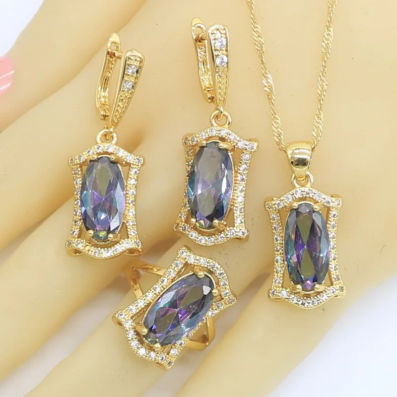 Jewelry-Sets Earrings Necklace Women Rainbow-Zircon Wedding-Hoop Gold-Color Geometric