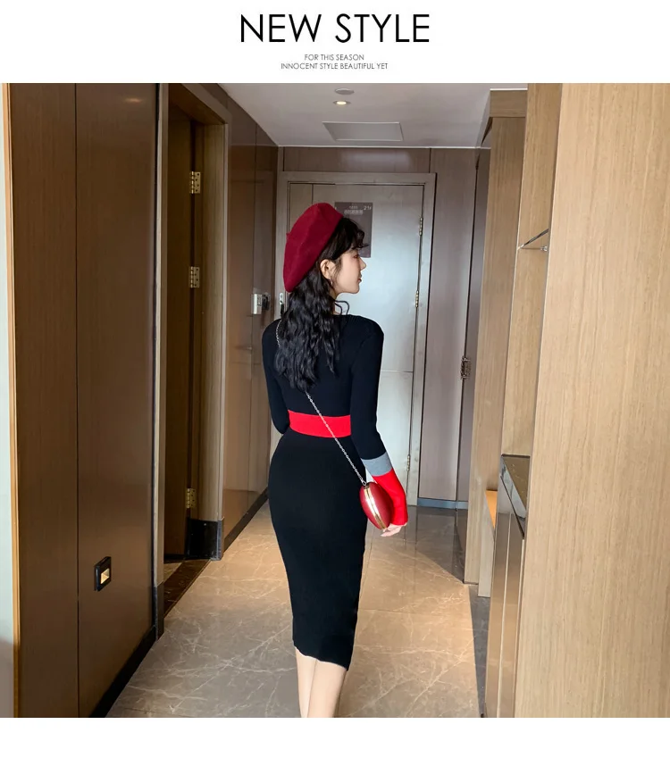 HAYBLST Brand Womens Sweater Dress Fall Winter Sexy Vestidos Kawaii Elegant Korean Style Long Sleeve Knitting Slim Clothing