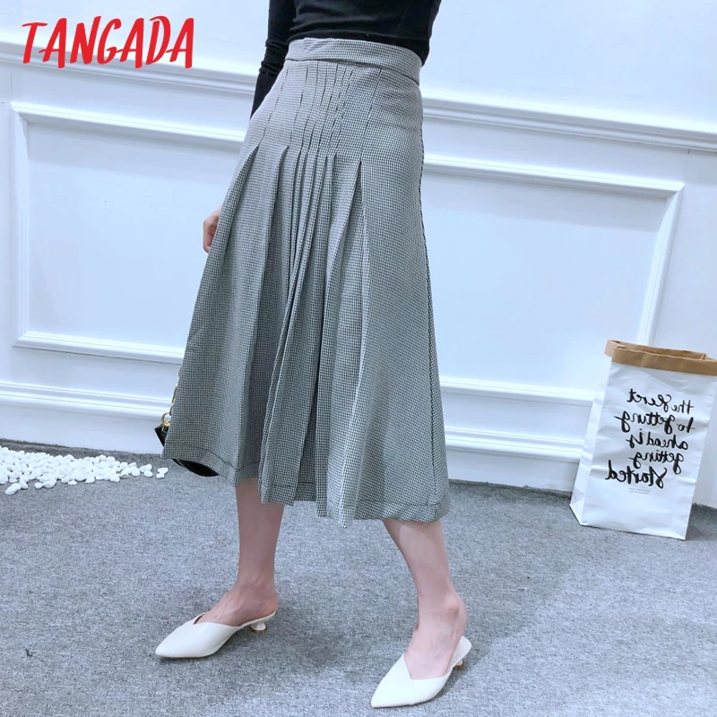 Tangada женщины в крупную клетку из плотной ткани; юбки в винтажном стиле; летняя стильная юбка с высокой талией на молнии модные женские ботинки до середины икры юбки 6A02