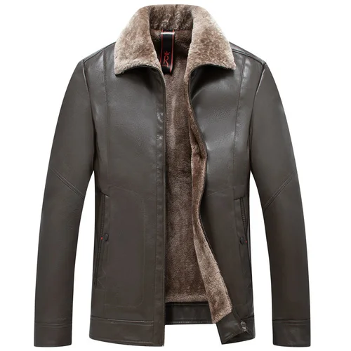 brown Зимняя кожаная куртка из искусственной L-5XL, мужская деловая Повседневная модная куртка с отворотом, черная, коричневая, на молнии, утолщенная, теплая, из искусственного меха, мужская куртка - Цвет: brown