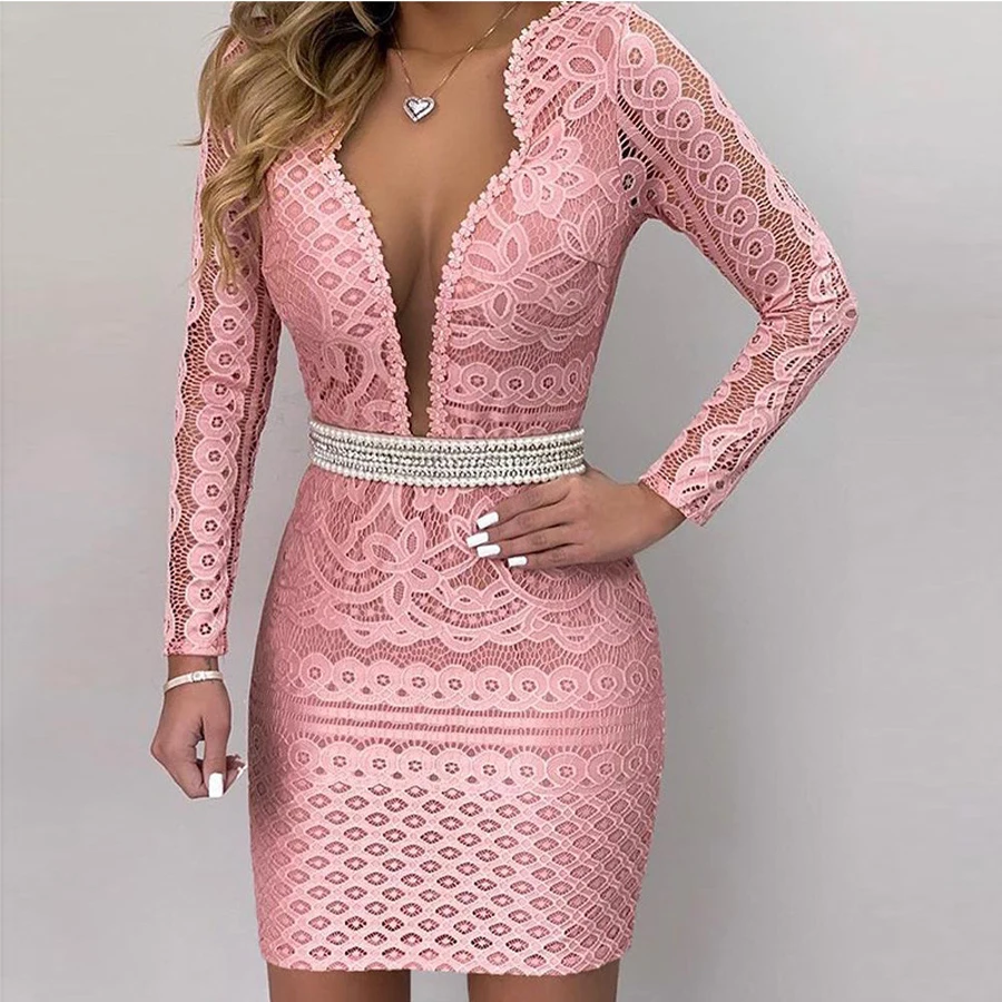 

Pink High V-neck Lace Cocktail Dresses Sexy Long Sleeves Robe semi formal Elegant party 2019 Short Vestidos Homecoming Dress