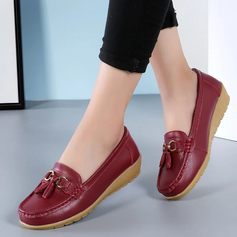

Women Leather Slip on Flat Shoes Casual Leisure Driving Flats Round Toe Tassels Summer Flats