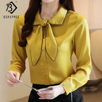 

Women Solid Shirts 2020 Spring Autumn Bow Full Sleeve Single-breasted Chiffon Blouses Tops All Match T05015K