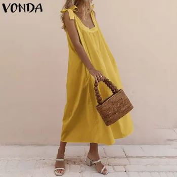 

Plus Size Shirt Dress Women's Summer Sundress 2020 VONDA Vintage Casual Loose Cotton Maxi Dress Tunic Vestidos Solid Robe Femme