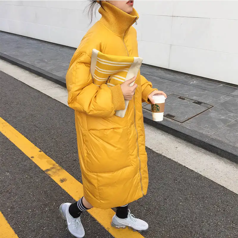

Winter Women Yellow Turtleneck Long Autumn Winter Jacket Women Thicken Parkas Mujer Down Cotton Jacket Female HK206