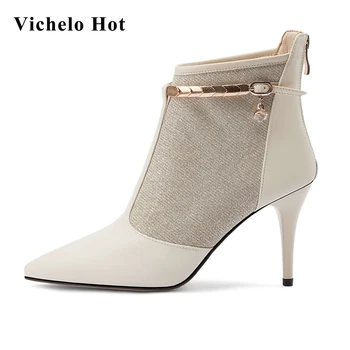 

Vichelo Hot special customization big size real leather pointed toe stiletto high heels metal decoration sexy ankle boots L1f1