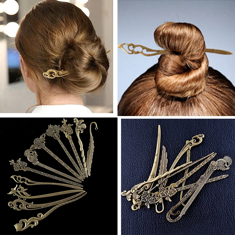 Бронзовые винтажные палочки для волос Сплав Полые шпильки заколка для волос Китайский традиционный этнический элегантный резной женский ретро ювелирные изделия