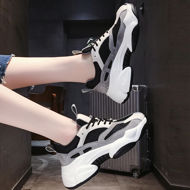 

Ladies Genuine Leather Mesh Sneakers Mixed Colors Breathable Sports Shoes 2019 Autumn Casual Korean Wild Sneakers Dad Sneakers