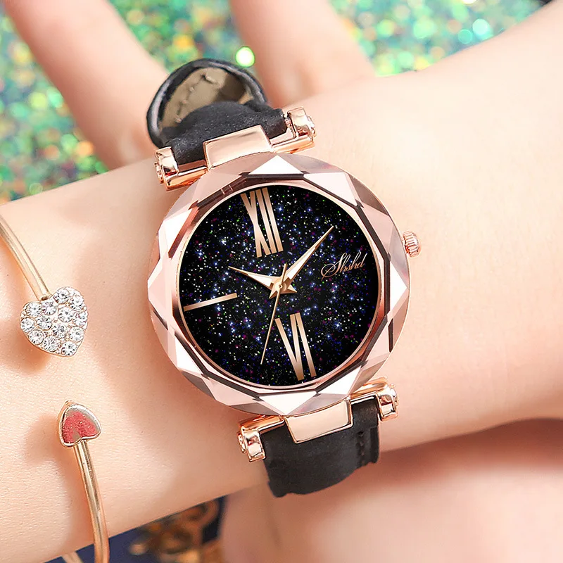 Foloy женские часы Звездное небо циферблат часы Роскошные розовое золото Модные женские браслет кварцевые наручные часы