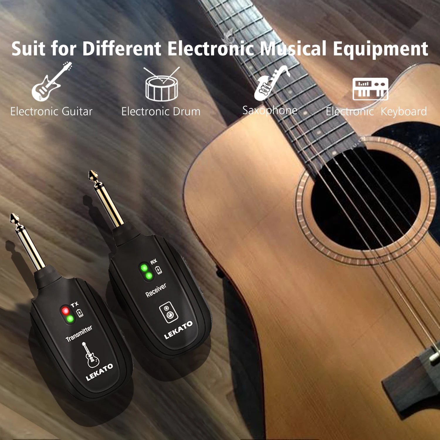 Lekato A8 Uhf Electric Guitar Wireless System Transmitter Receiver Wireless Guitar Bass Audio System Rechargeable 4 Channels